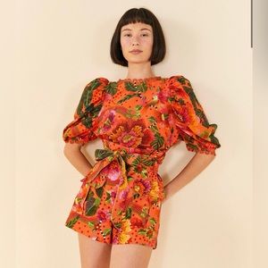 Farm Rio Women’s Orange Blooming Garden High Rise Paperbag Belted Shorts XL NWT